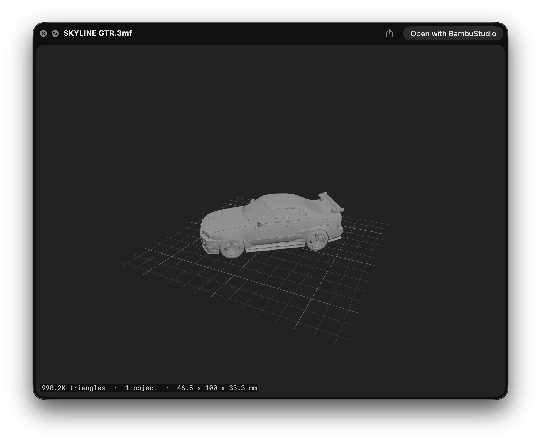 Preview3MF showing a 3D model on a build-plate grid in Quick Look